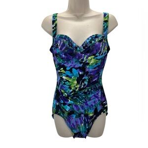 Trimshaper Abstract Print Ruched One Piece Sweetheart Swimsuit Shaping Size 10